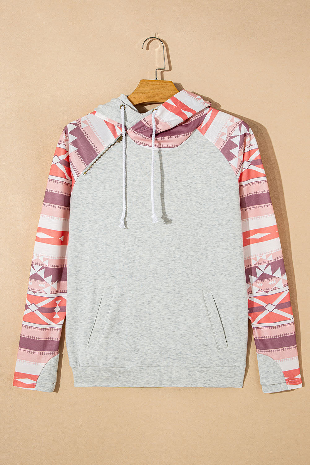 Western Aztec Print Patchwork Double 	Hood Hoodie