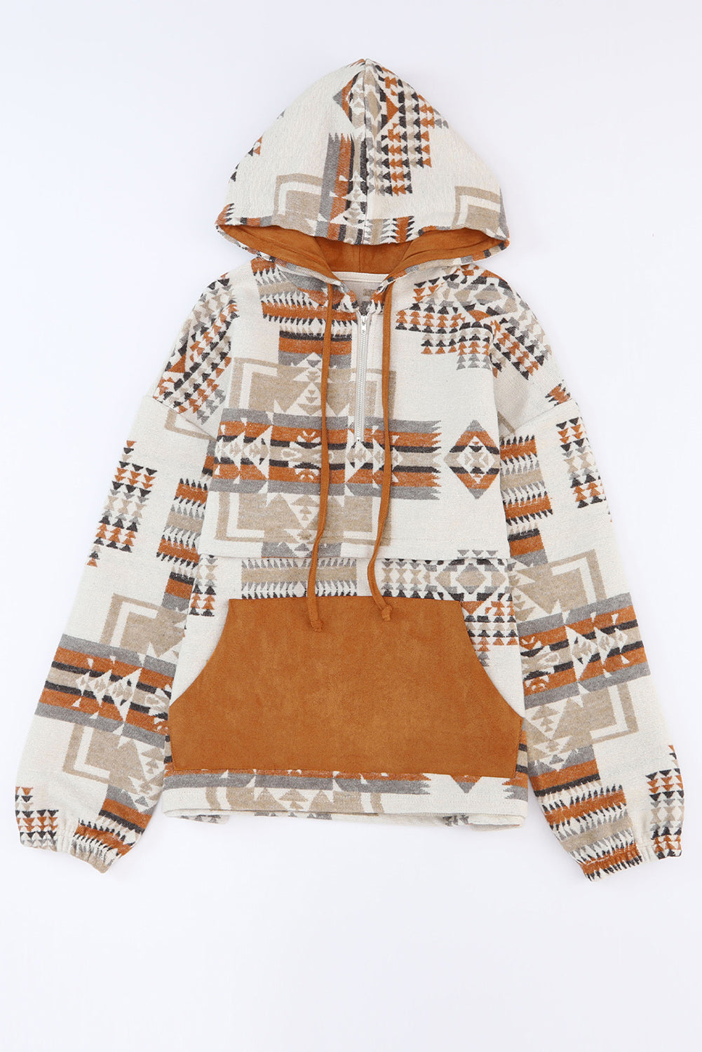 Beige Aztec Print Kangaroo Pockets Plus Size Hoodie
