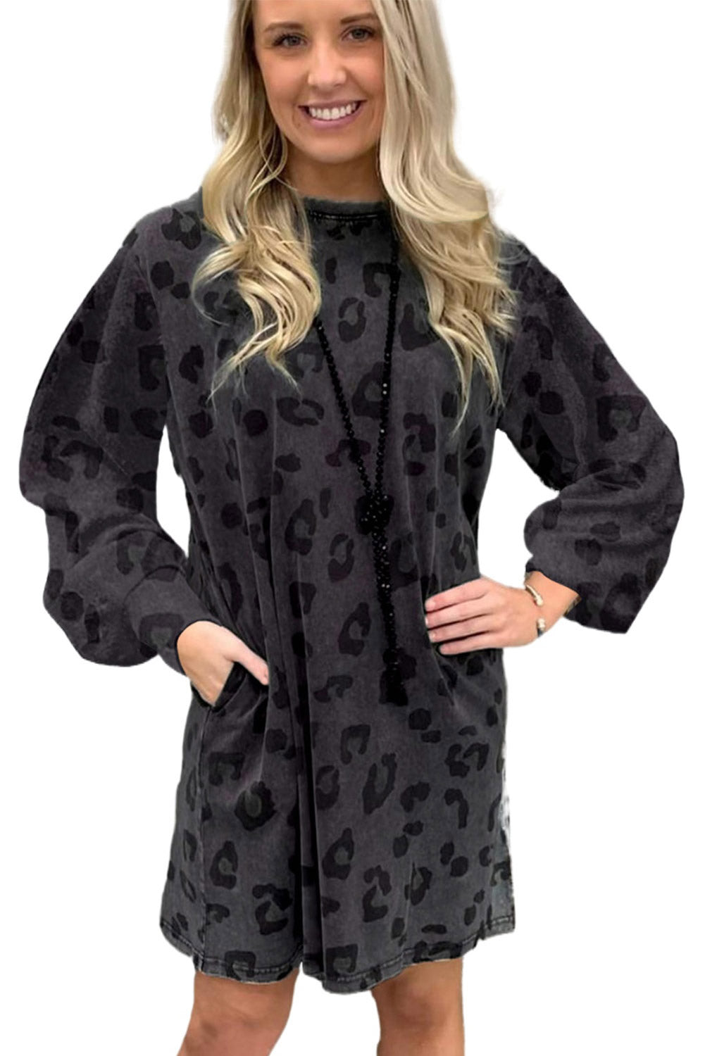 Carbon Grey Leopard Print Loose Fit Pullover Sweatshirt