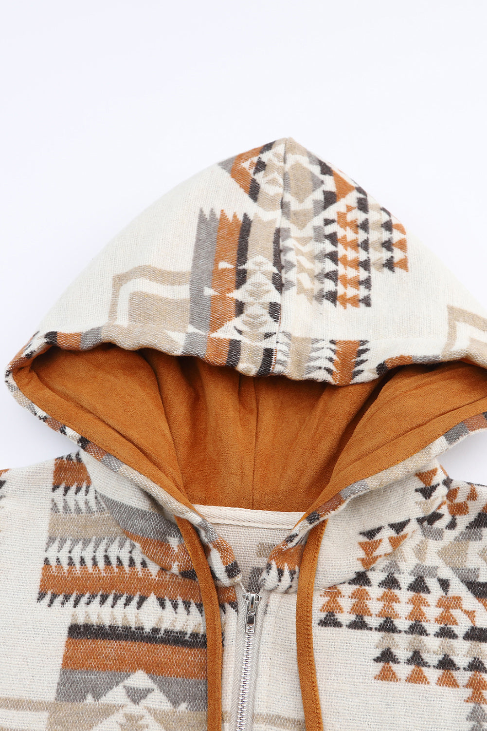Beige Aztec Print Kangaroo Pockets Plus Size Hoodie