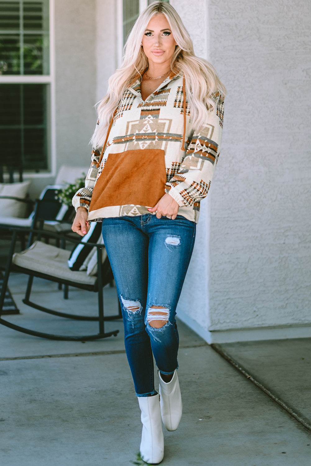 Beige Aztec Print Kangaroo Pockets Plus Size Hoodie