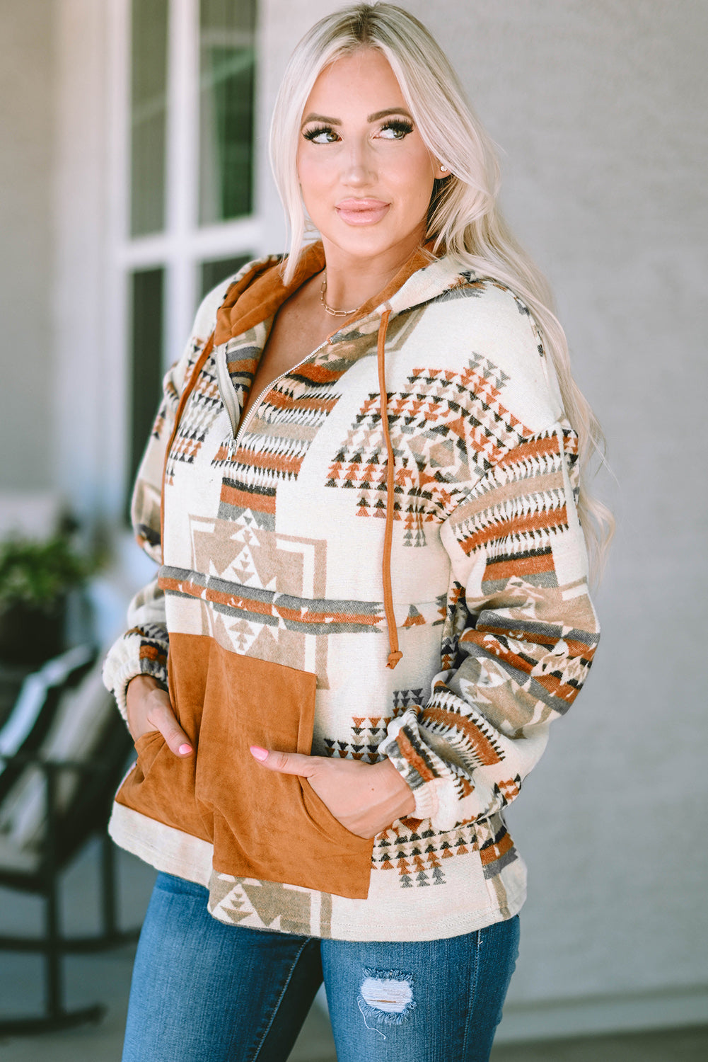 Beige Aztec Print Kangaroo Pockets Plus Size Hoodie